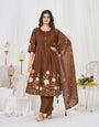 Wood Red Pure Cotton Thread Embroidery With Lup Work Suit Set