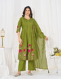 Olive Green Pure Cotton Thread Embroidery With Lup Work Suit Set