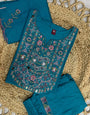 Teal Blue Viscose Silk Embroidery Thread With Real Mirror Hand Work Suit Set