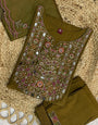 Army Green Viscose Silk Embroidery Thread With Real Mirror Hand Work Suit Set