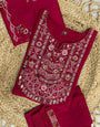 Berry Red Viscose Silk Embroidery Thread With Real Mirror Hand Work Suit Set