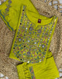 Parrot Green Viscose Silk Embroidery Thread With Real Mirror Hand Work Suit Set