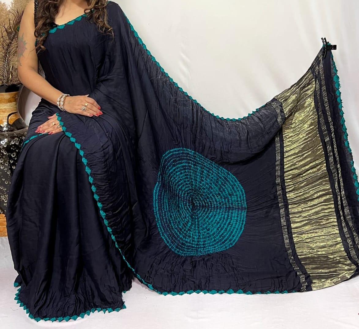 Charcoal Shibori Bandhni Border Pure Modal Silk Plain With Lagdi Pallu Saree