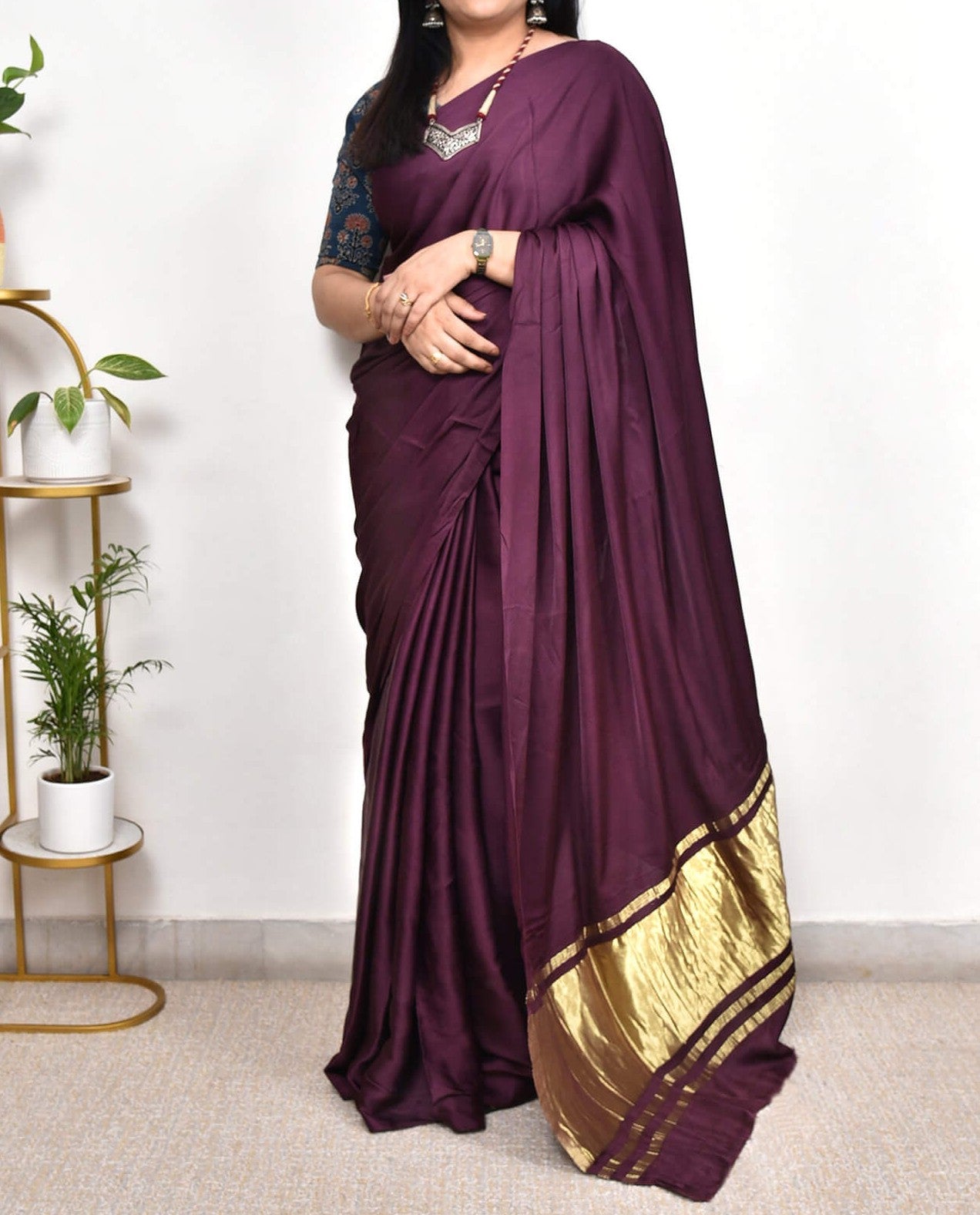 Wine Plain Pure Modal Gajji Silk Saree With Zari Pallu Natural dyeing Saree