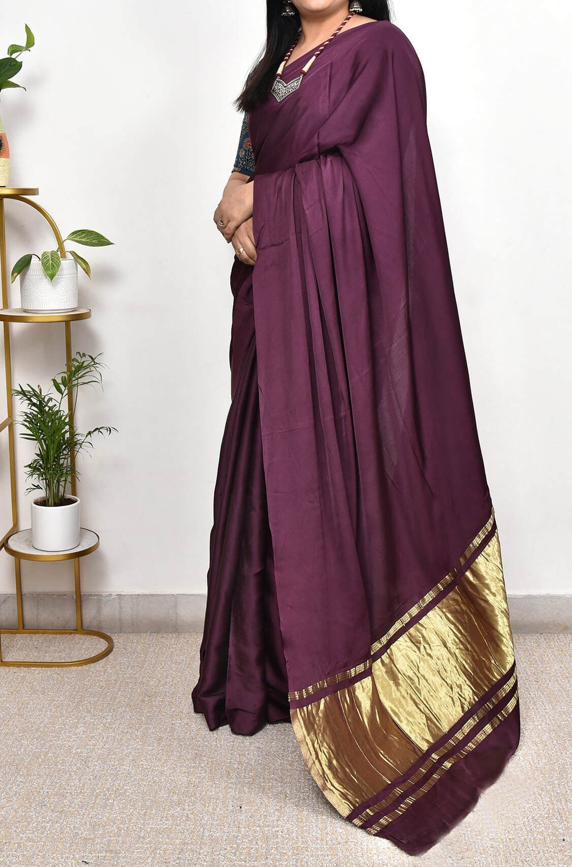 Wine Plain Pure Modal Gajji Silk Saree With Zari Pallu Natural dyeing Saree