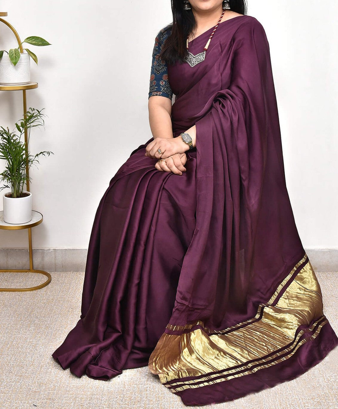 Wine Plain Pure Modal Gajji Silk Saree With Zari Pallu Natural dyeing Saree