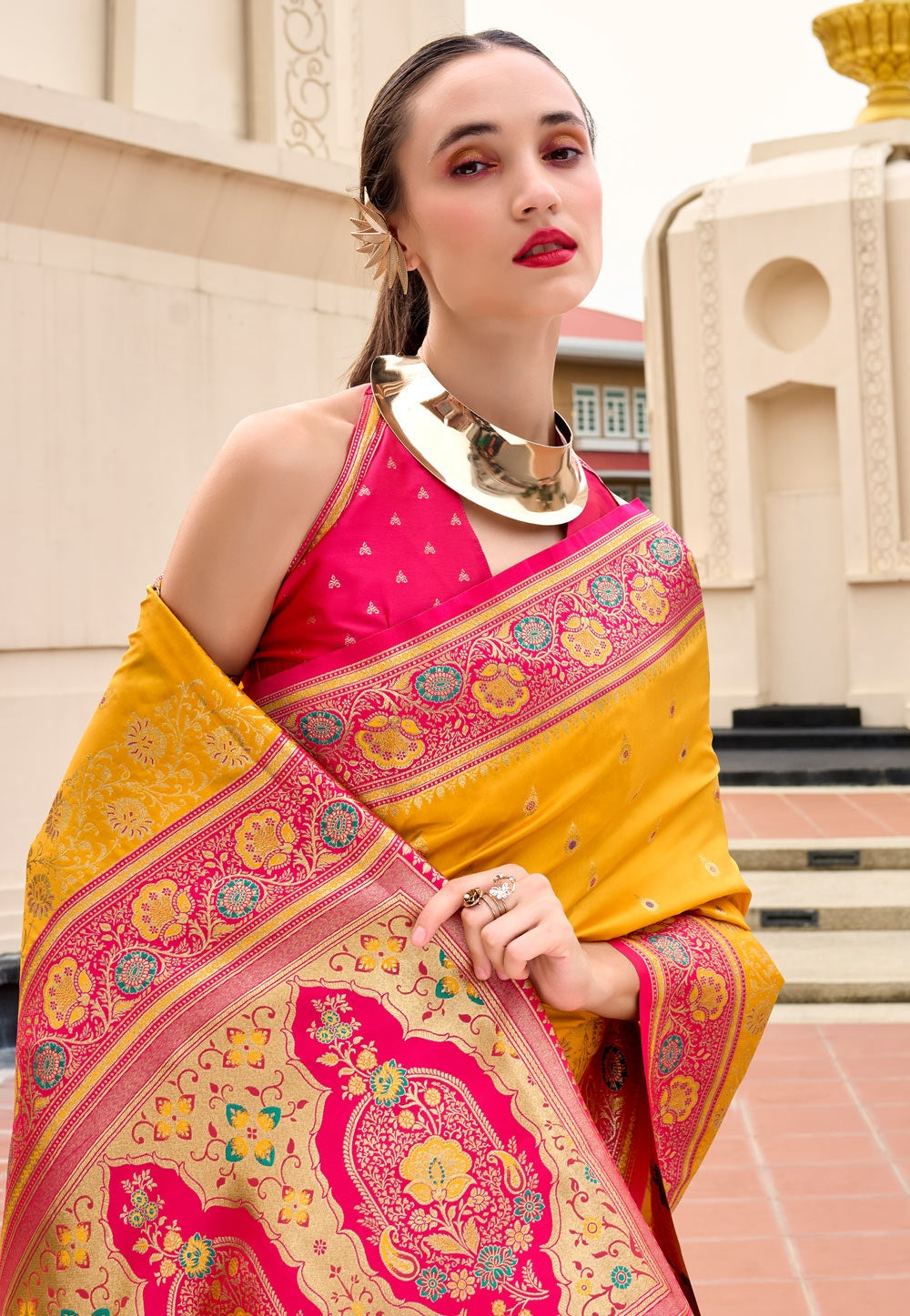 Soudarya Yellow Pure Soft Banarasi Silk Waving Saree