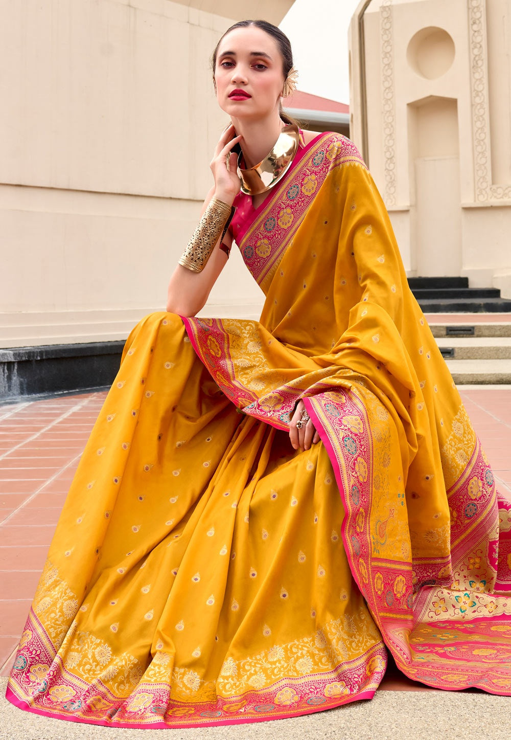 Soudarya Yellow Pure Soft Banarasi Silk Waving Saree
