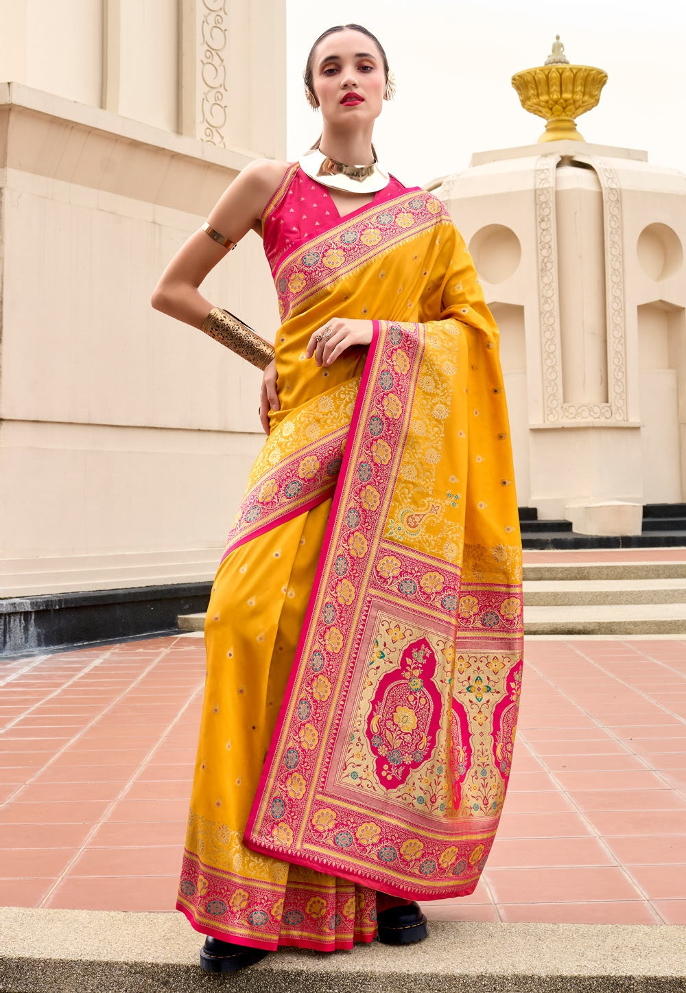 Soudarya Yellow Pure Soft Banarasi Silk Waving Saree