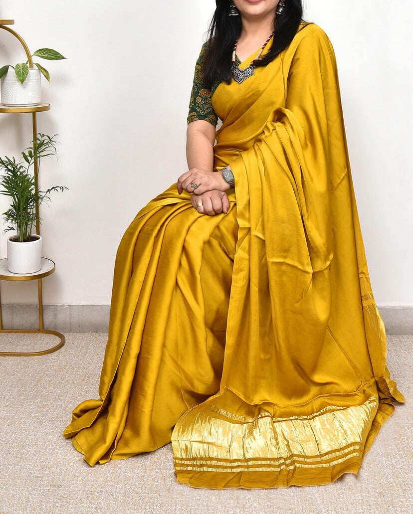 Yellow Plain Pure Modal Gajji Silk Saree With Zari Pallu Natural dyeing Saree