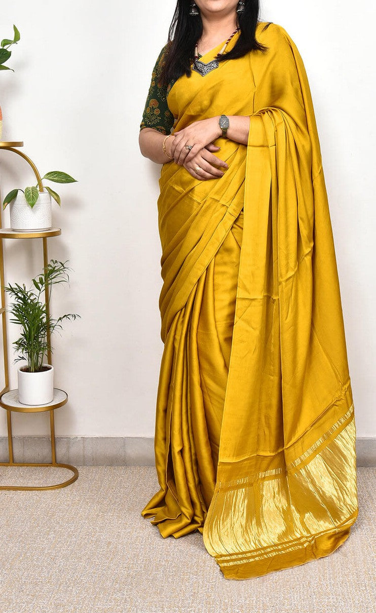 Yellow Plain Pure Modal Gajji Silk Saree With Zari Pallu Natural dyeing Saree