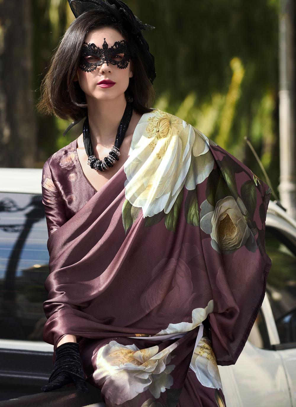 Brown Designer Pure Sattin Crepe Silk Saree