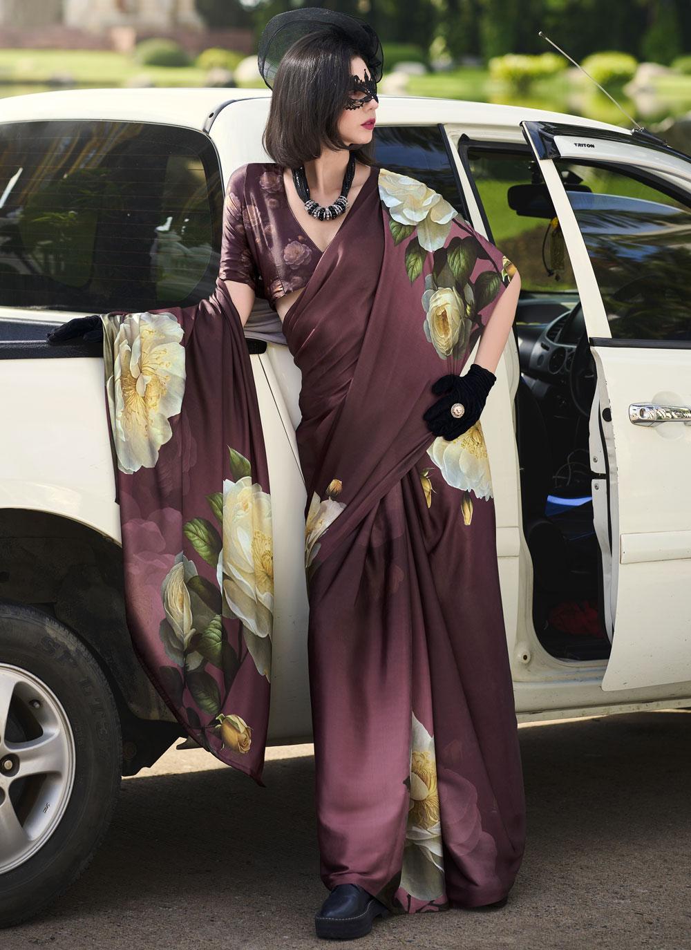 Brown Designer Pure Sattin Crepe Silk Saree