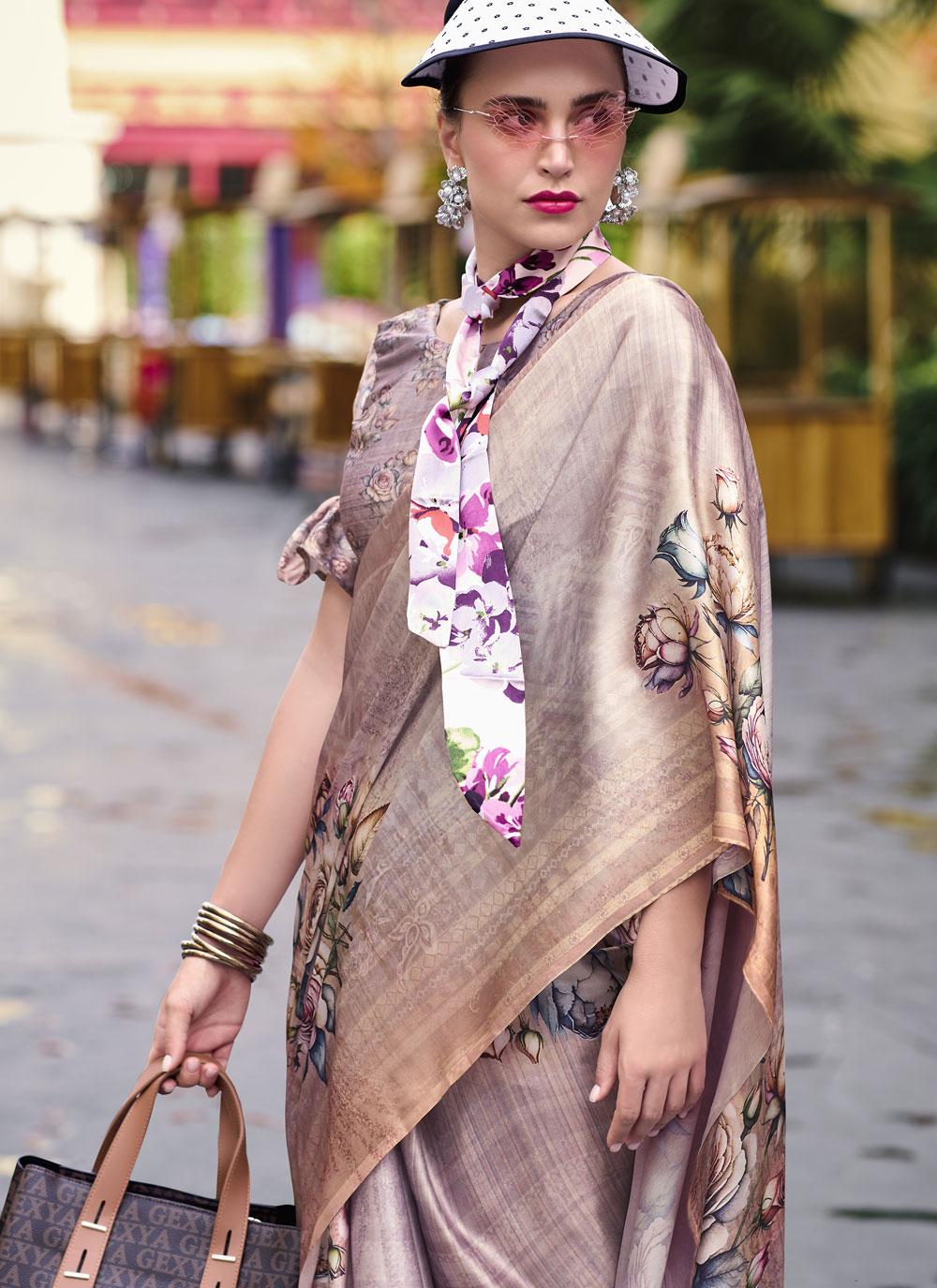 Next Ganeration Grey Pure Satin Silk Digital Printed Saree