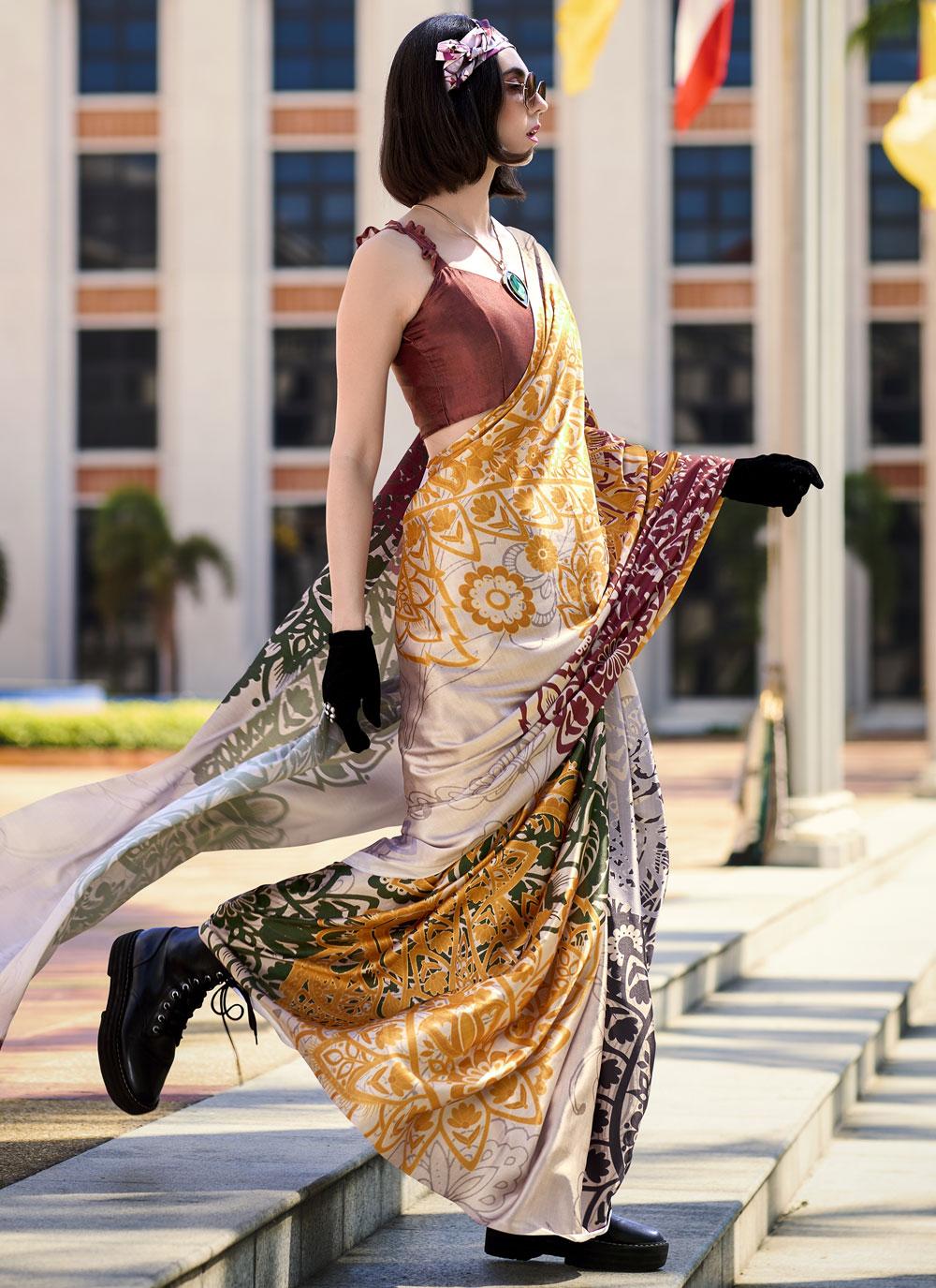 Next Ganeration Oyster Pure Satin Silk Digital Printed Saree