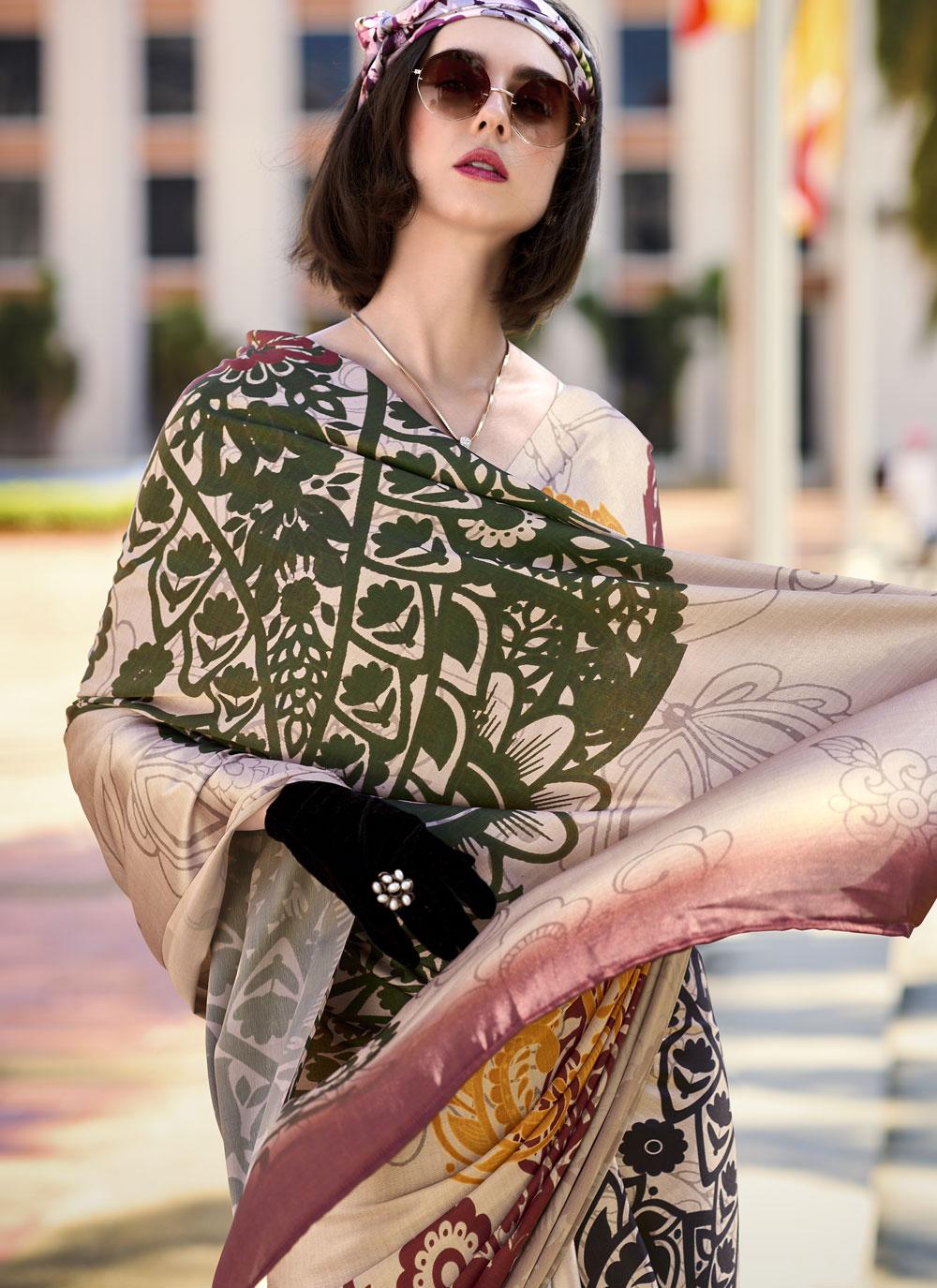Next Ganeration Oyster Pure Satin Silk Digital Printed Saree