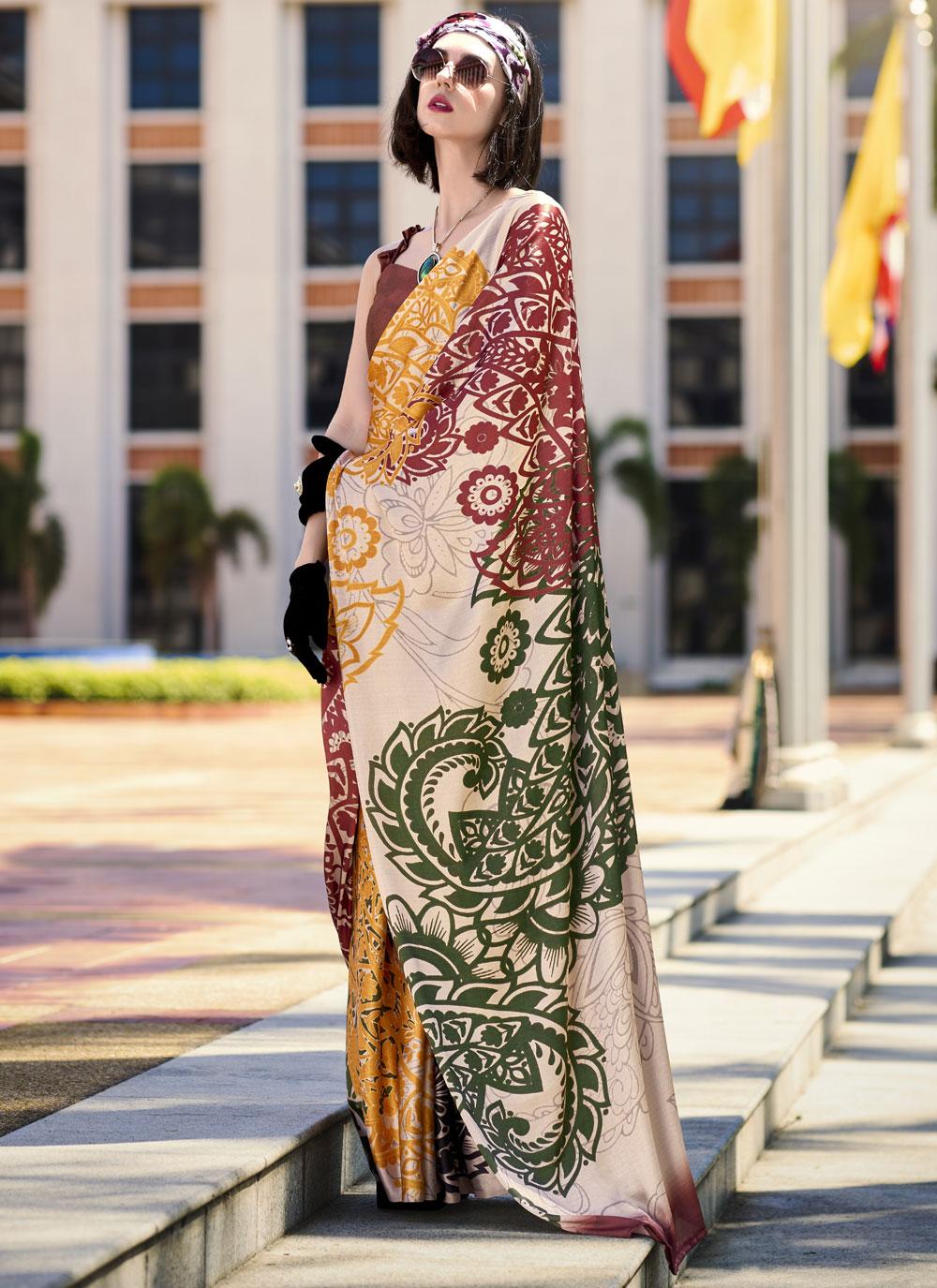 Next Ganeration Oyster Pure Satin Silk Digital Printed Saree