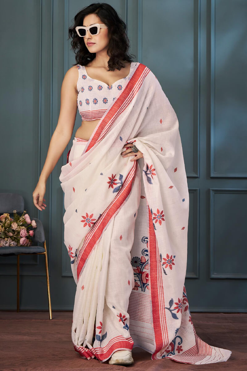 Rolex White Handloom Linen Silk Weaving Saree