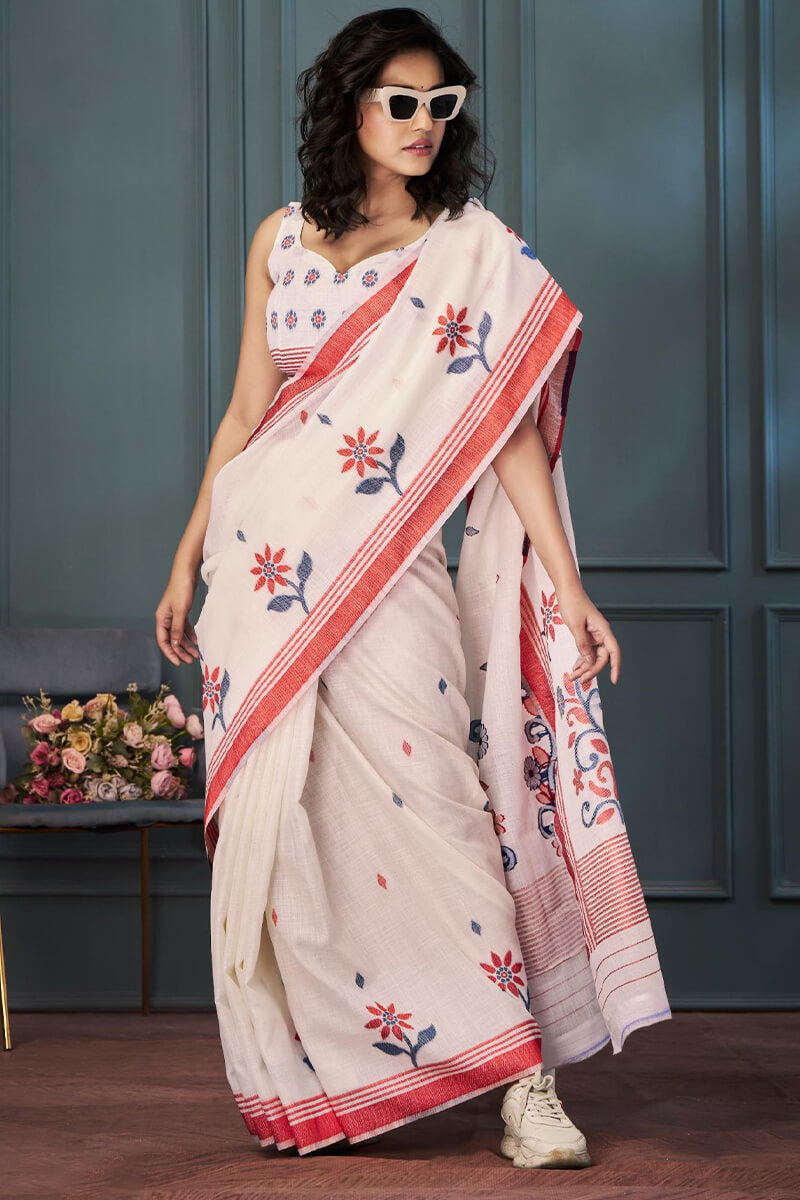 Rolex White Handloom Linen Silk Weaving Saree