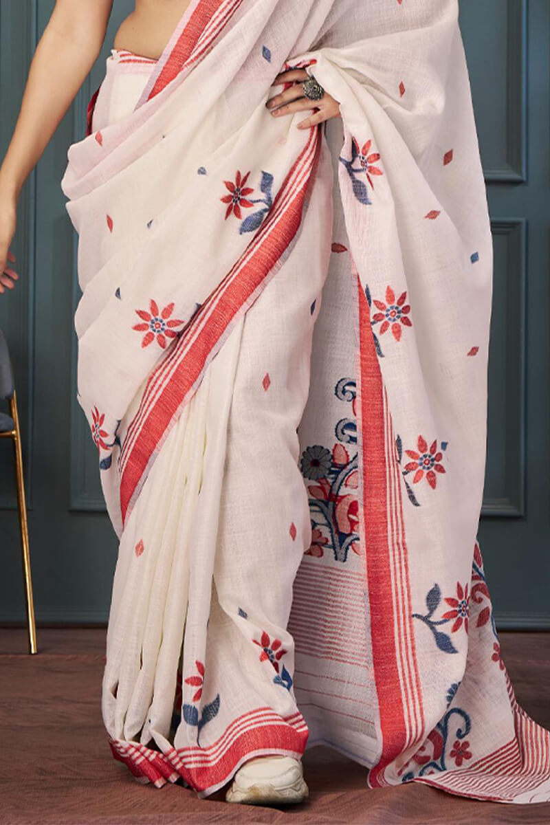 Rolex White Handloom Linen Silk Weaving Saree