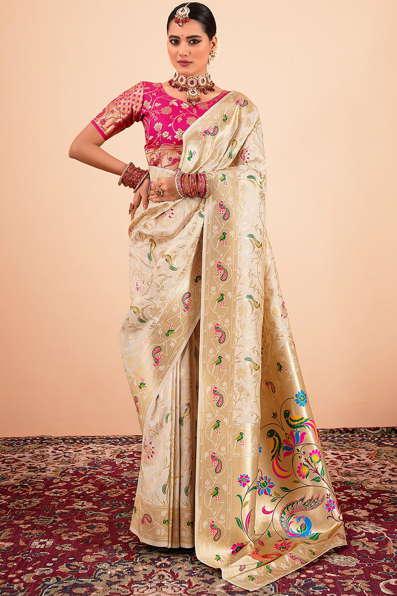Sailja Cream Pure Paithani Silk Zari Weaving Saree