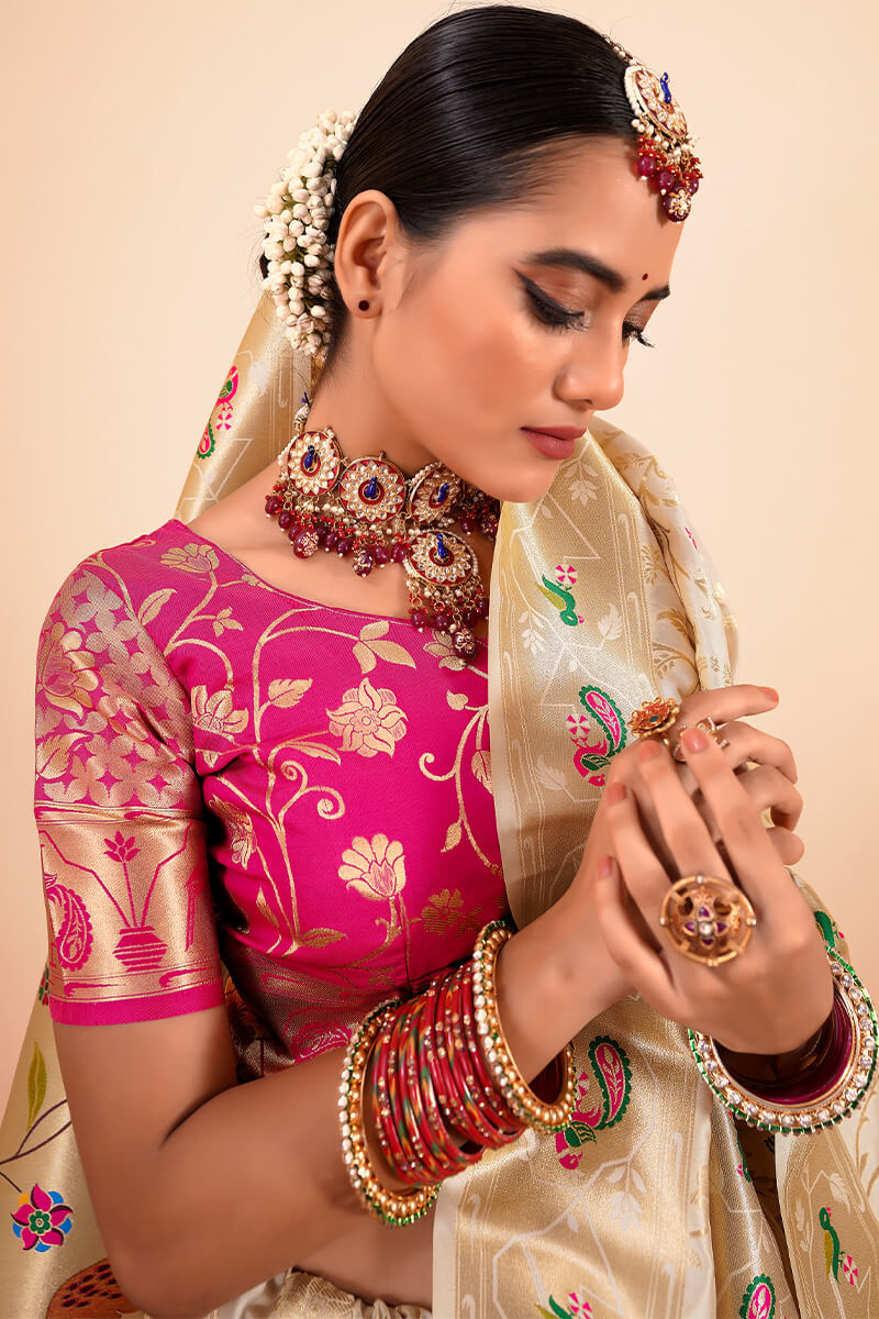 Sailja Cream Pure Paithani Silk Zari Weaving Saree
