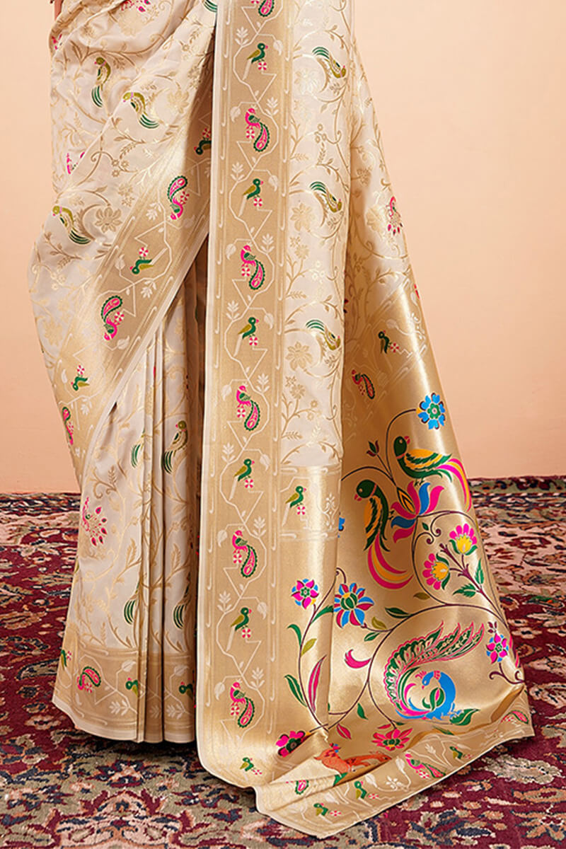 Sailja Cream Pure Paithani Silk Zari Weaving Saree