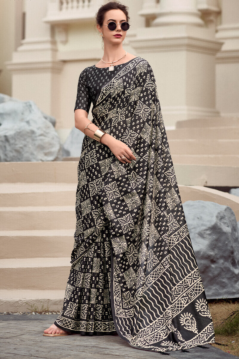 Ash Black Pure Mal cotton Printed Saree