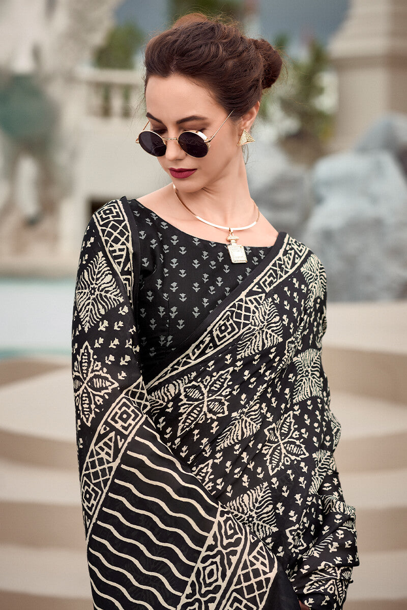 Ash Black Pure Mal cotton Printed Saree