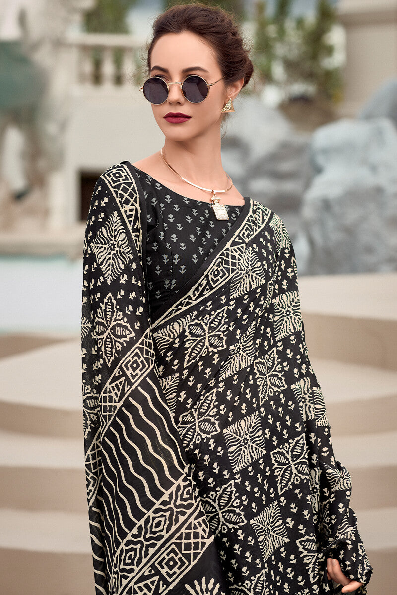 Ash Black Pure Mal cotton Printed Saree