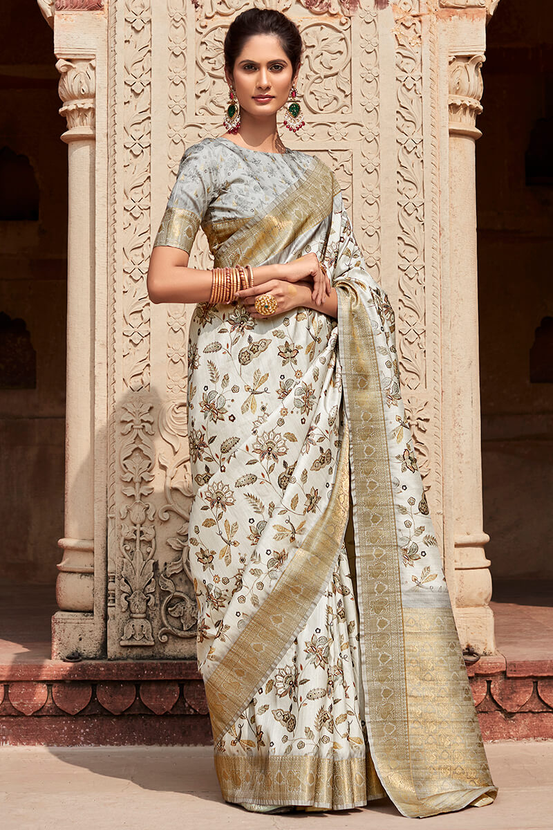 Kavya Milk White Handloom Soft Silk Printed Saree
