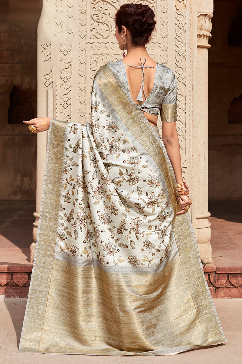 Kavya Milk White Handloom Soft Silk Printed Saree