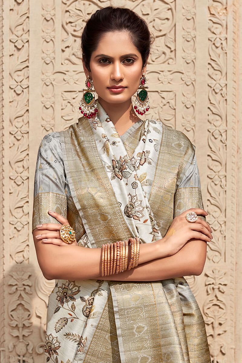 Kavya Milk White Handloom Soft Silk Printed Saree