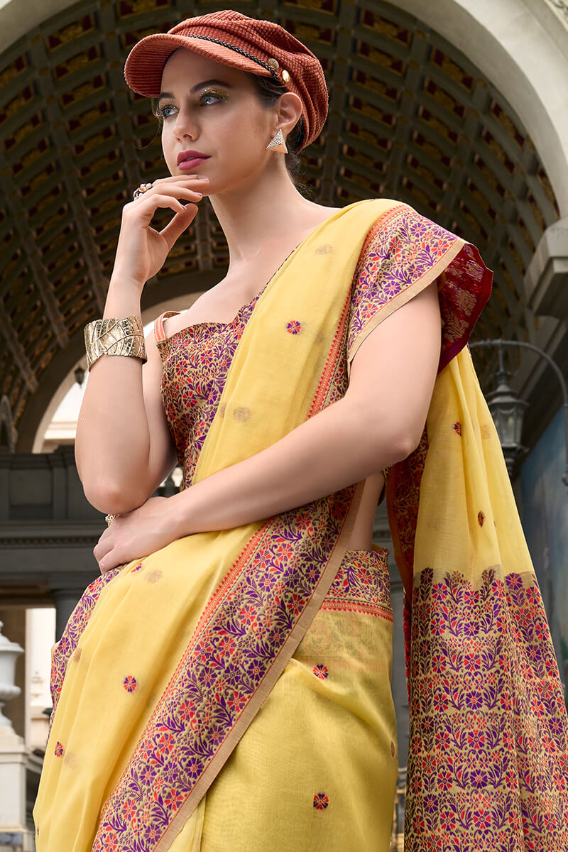 Prajanya Yellow Pure Linen Silk Woven Saree