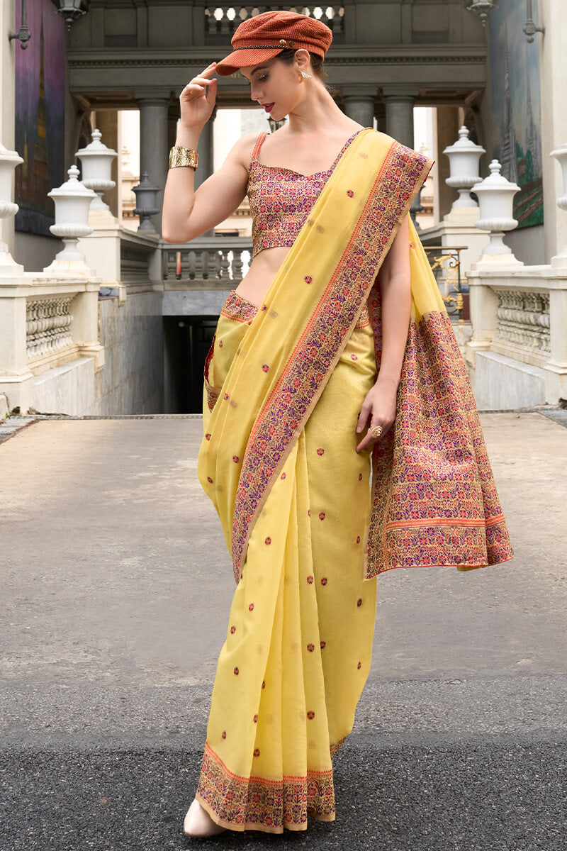Prajanya Yellow Pure Linen Silk Woven Saree