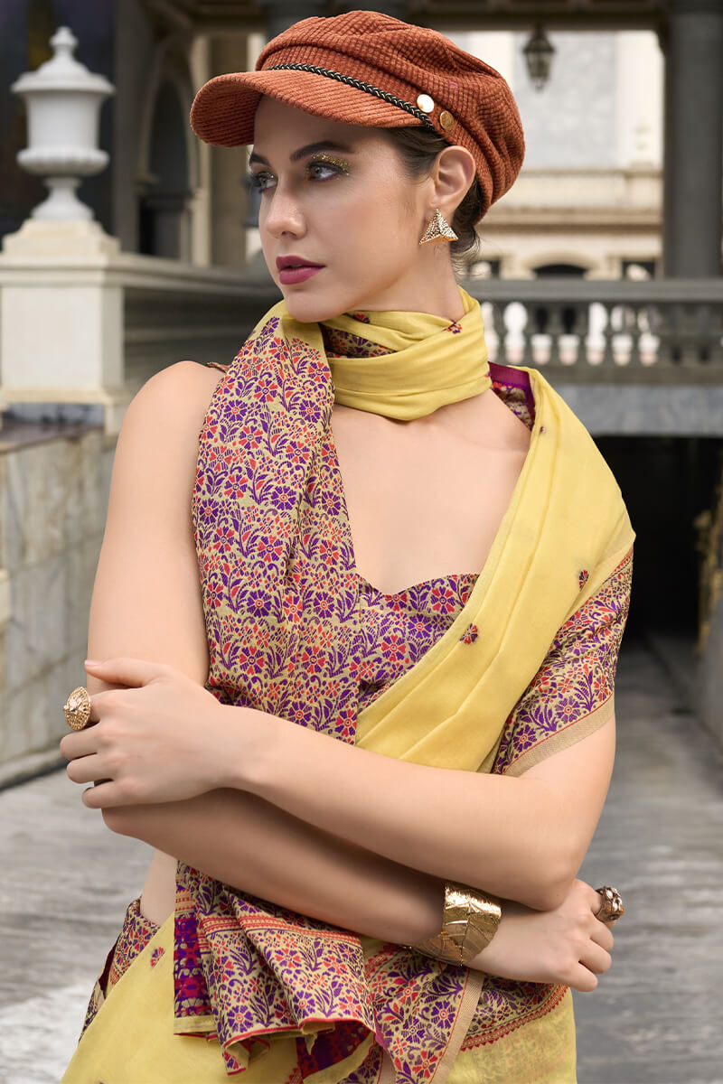 Prajanya Yellow Pure Linen Silk Woven Saree