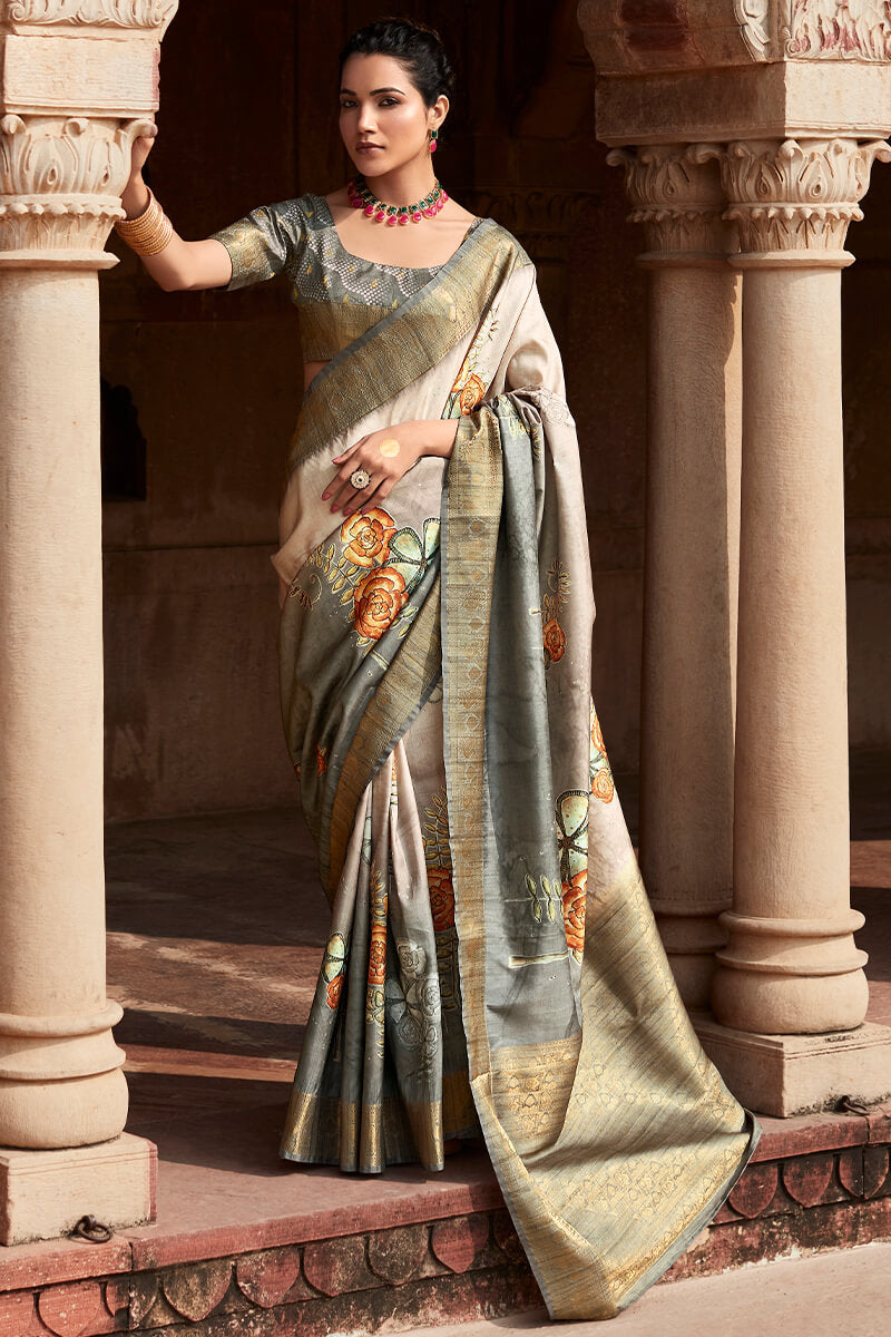 Kavya Grey Handloom Soft Silk Printed Saree