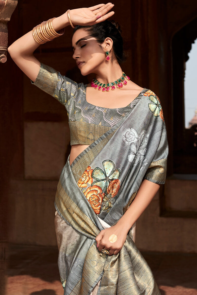 Kavya Grey Handloom Soft Silk Printed Saree