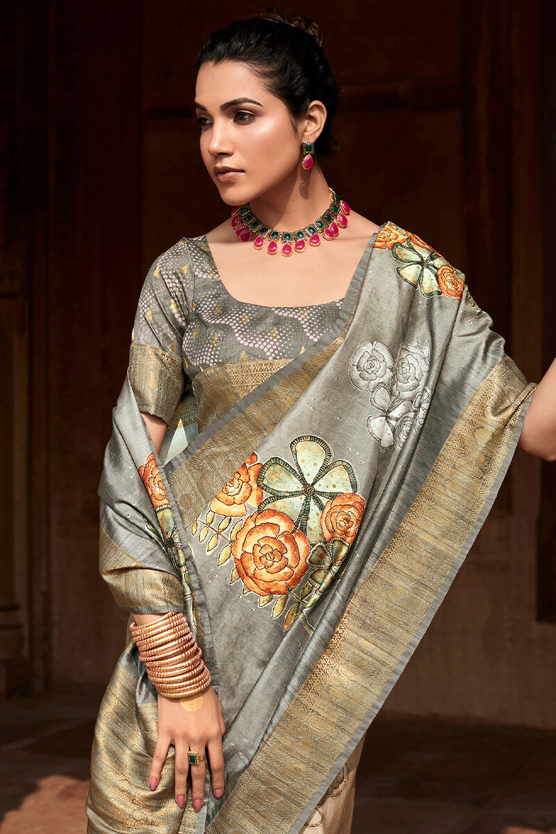 Kavya Grey Handloom Soft Silk Printed Saree