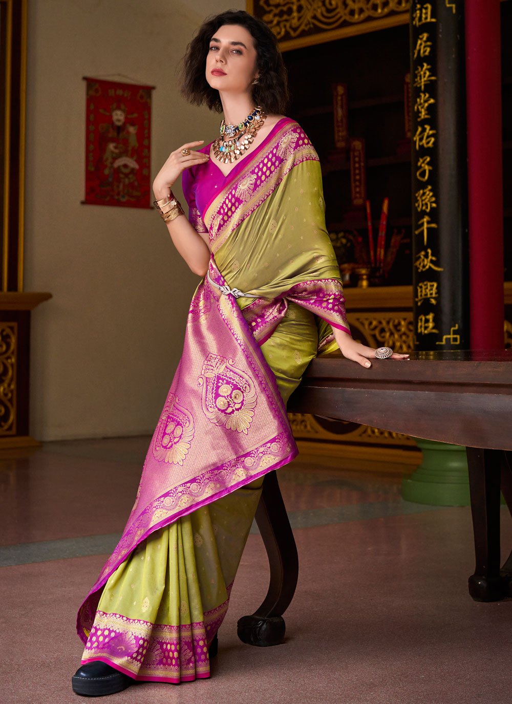 Samruddhi Mustered Tissue Banarasi Silk Zari Weaving Saree