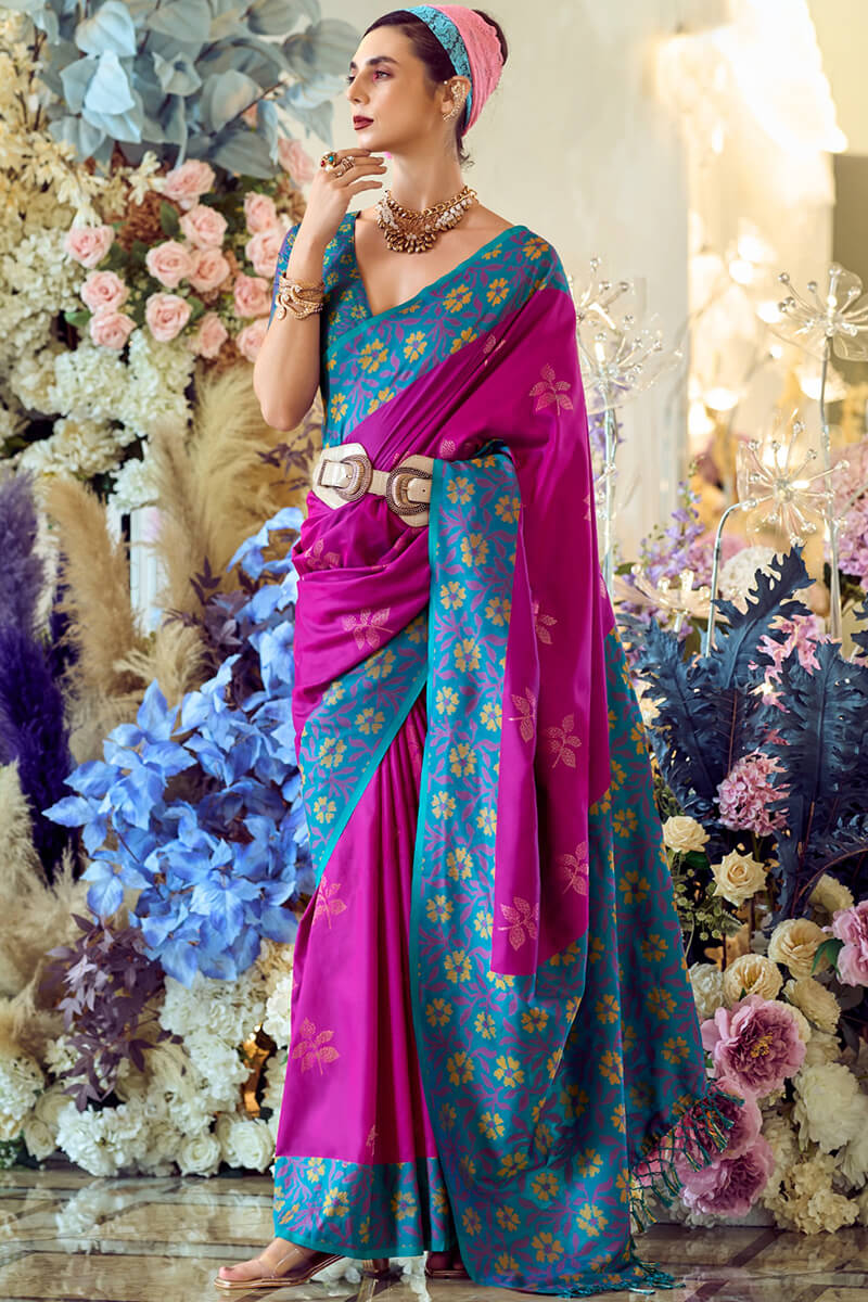 Martin Barney Purple Soft Silk Floral Printed With Ikkat Border Saree