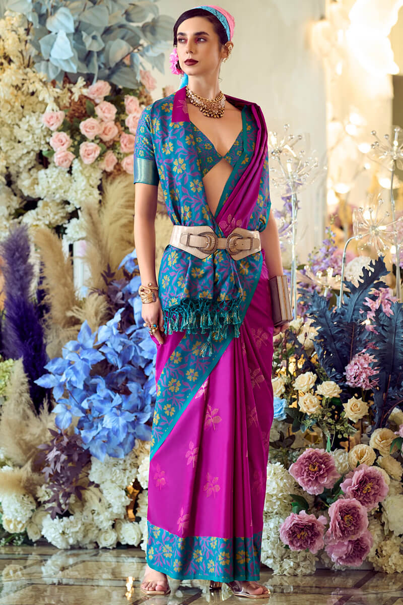 Martin Barney Purple Soft Silk Floral Printed With Ikkat Border Saree