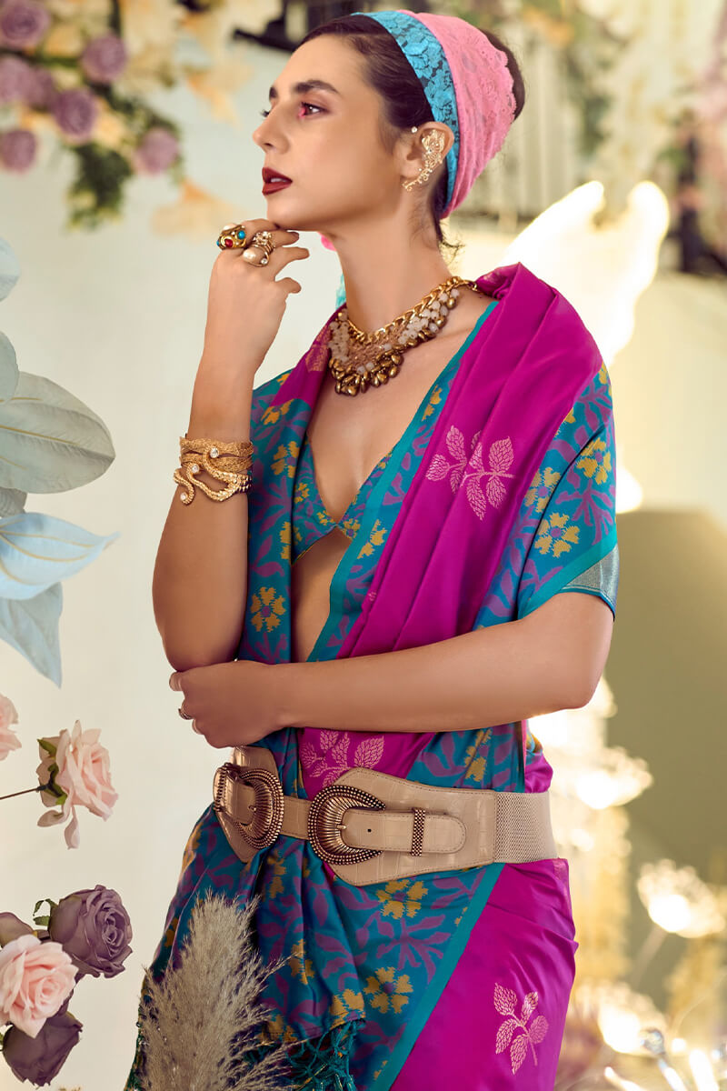Martin Barney Purple Soft Silk Floral Printed With Ikkat Border Saree