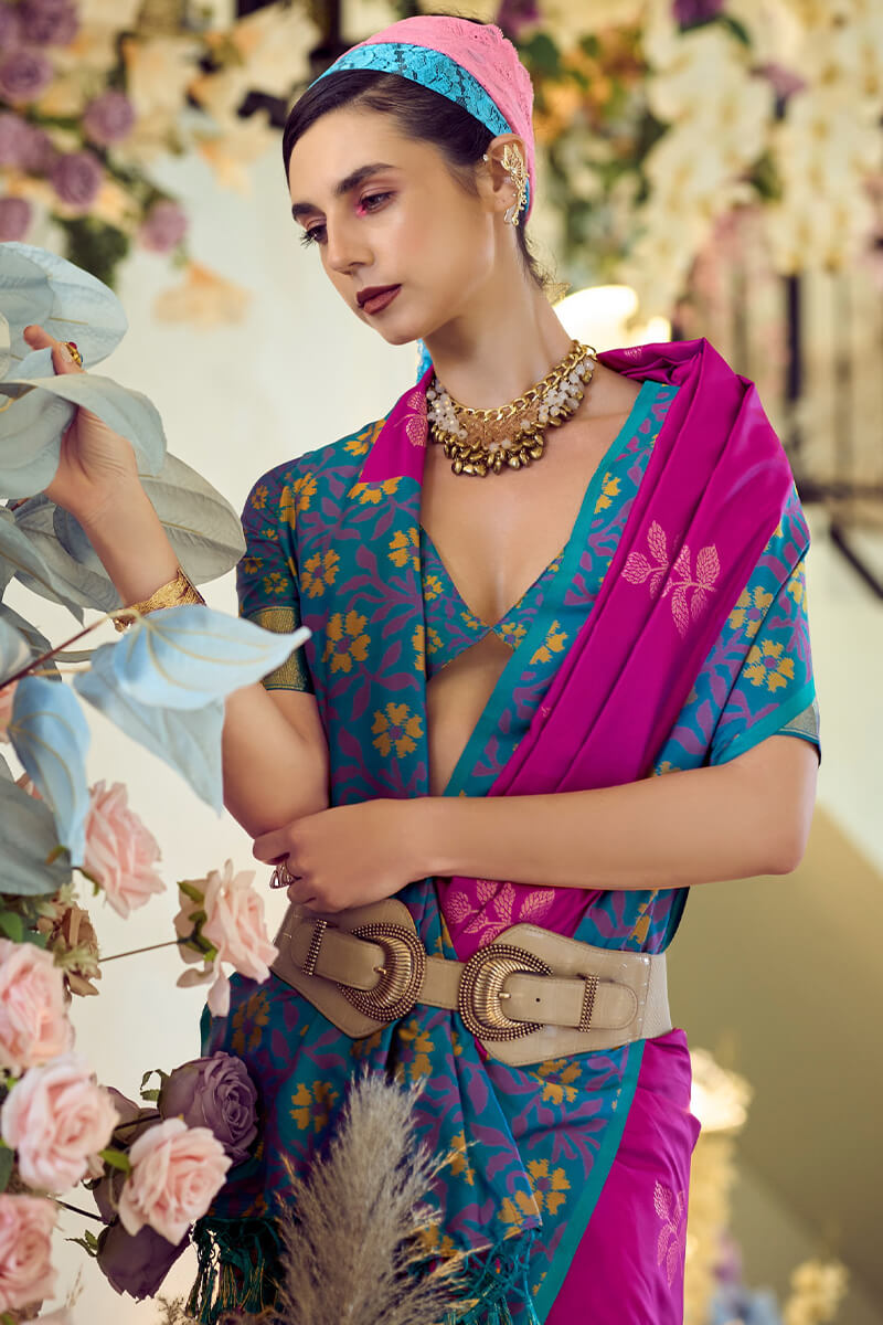 Martin Barney Purple Soft Silk Floral Printed With Ikkat Border Saree