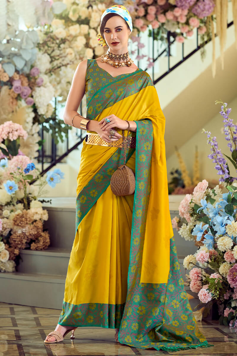 Martin Yellow Soft Silk Floral Printed With Ikkat Border Saree