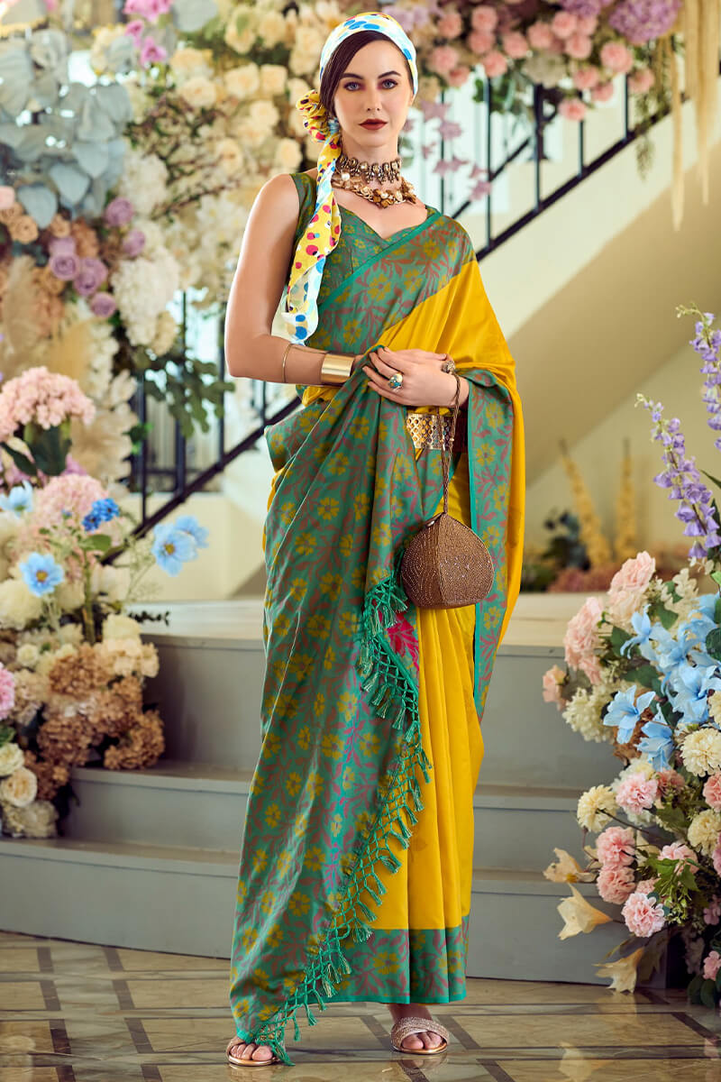 Martin Yellow Soft Silk Floral Printed With Ikkat Border Saree
