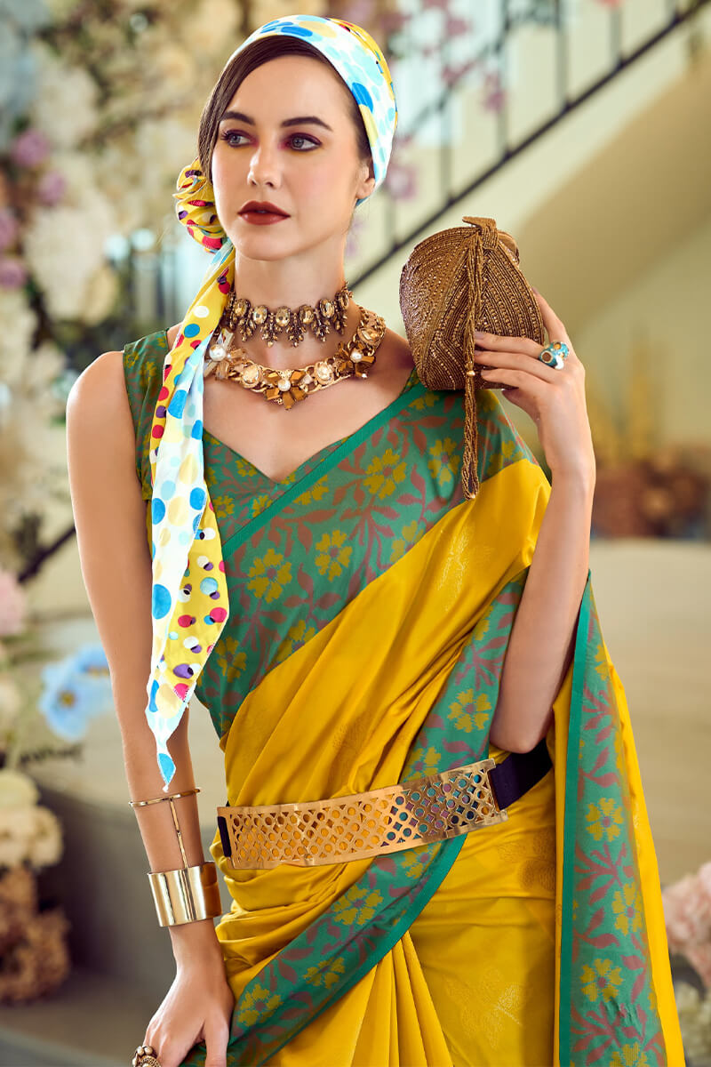 Martin Yellow Soft Silk Floral Printed With Ikkat Border Saree