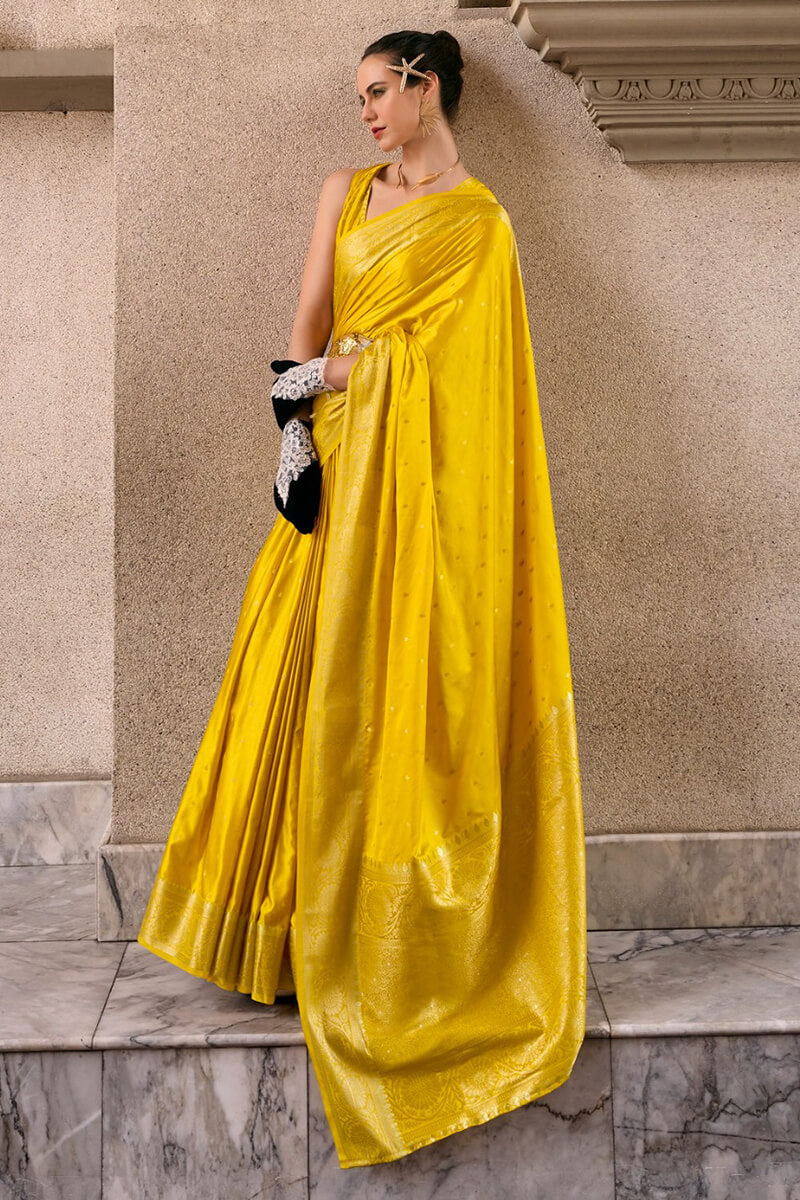 Mungha Yellow Banarasi Satin Silk Zari Weaving Saree