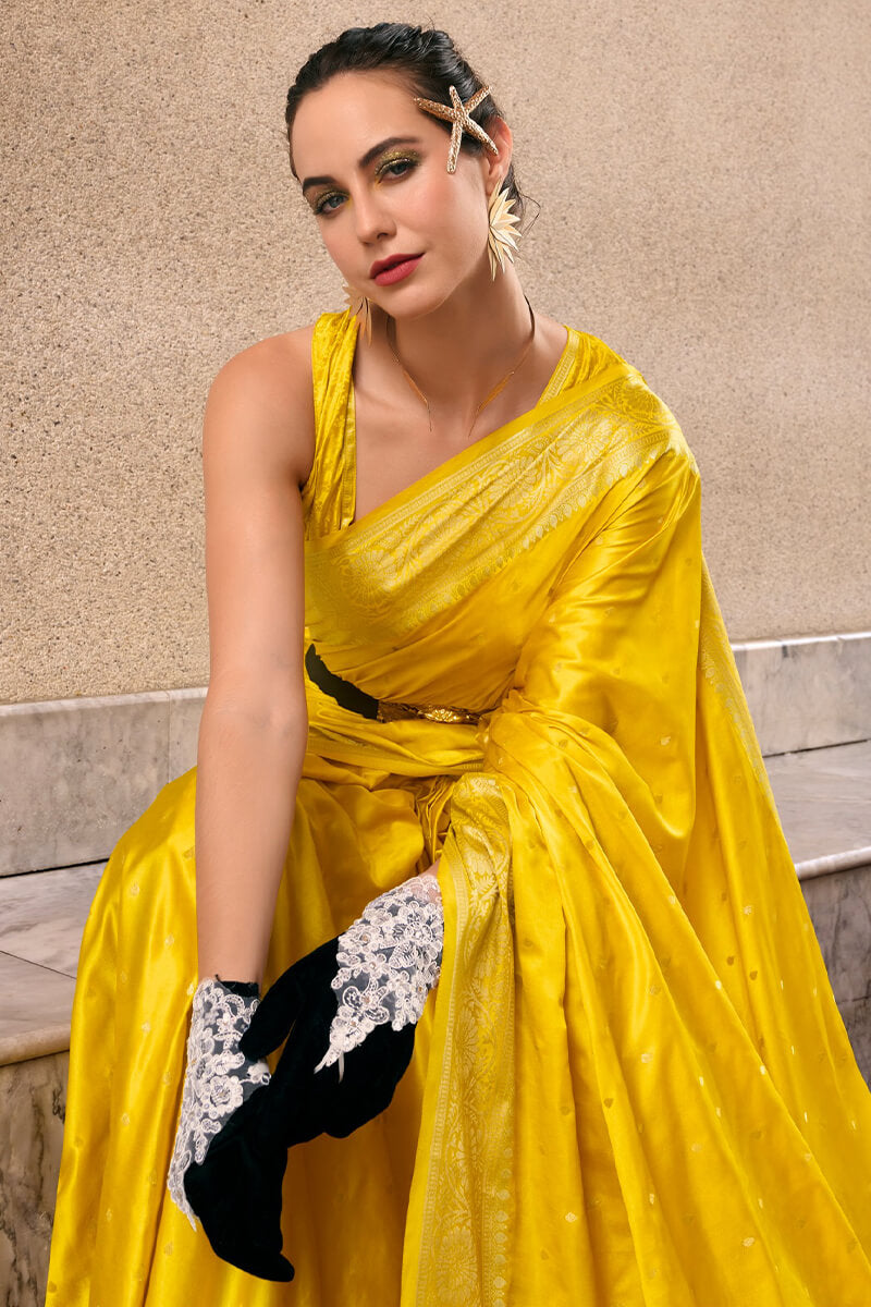 Mungha Yellow Banarasi Satin Silk Zari Weaving Saree