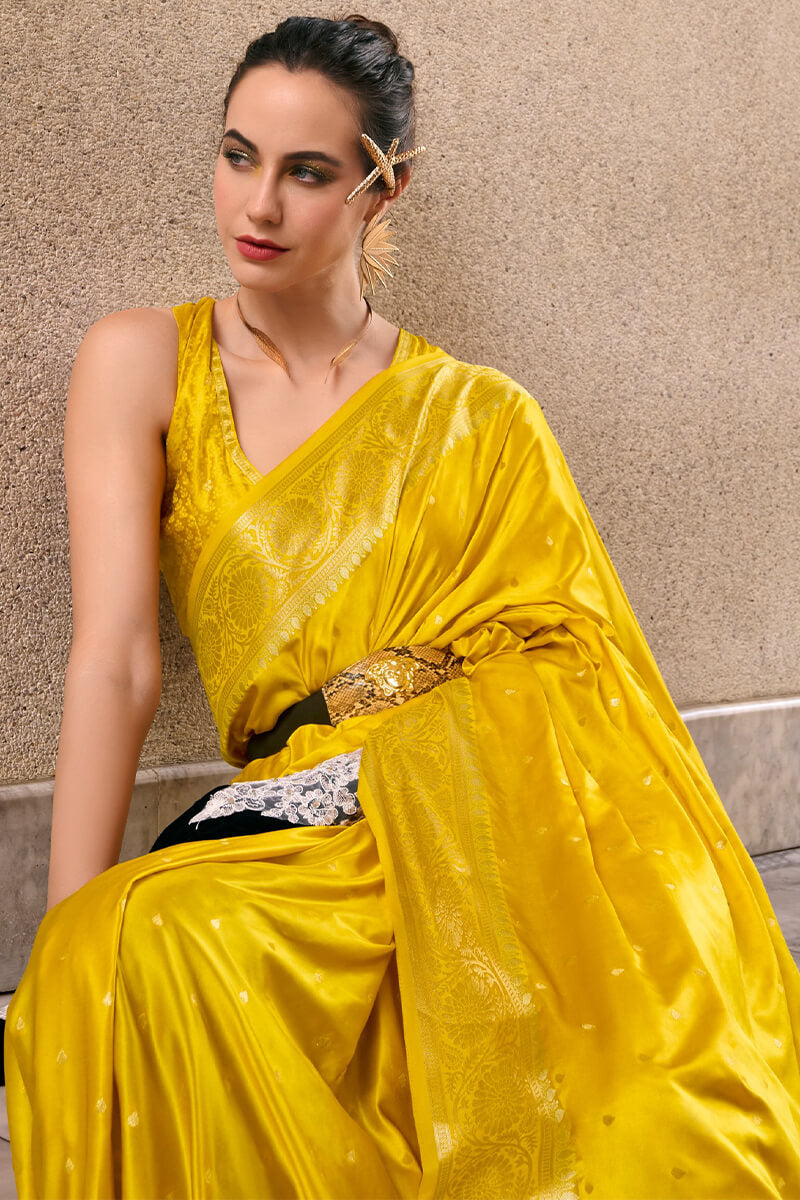 Mungha Yellow Banarasi Satin Silk Zari Weaving Saree